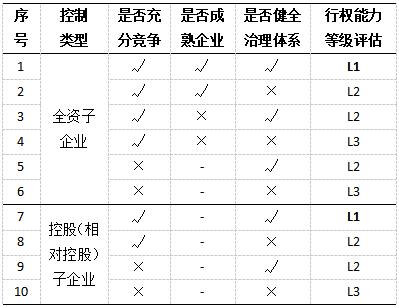 表3 子企业行权能力划分表